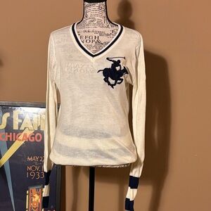 Beverly Hills Polo Club - Ralph Lauren; V-Neck Sweater in Cream and Navy
